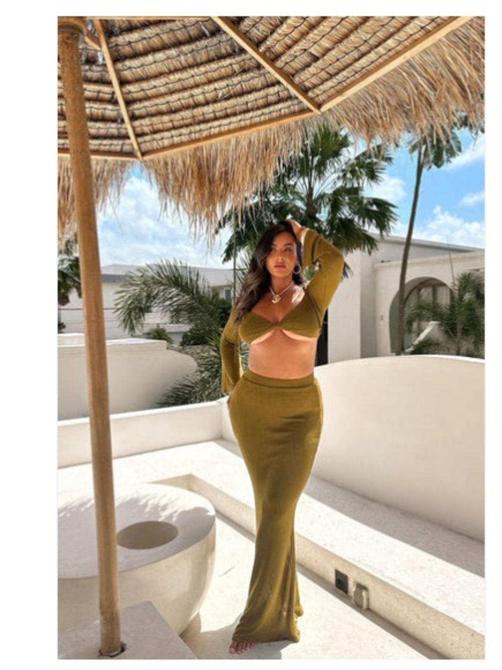 Olive Green Long Sleeve Cutout Maxi Skirt Set - Women